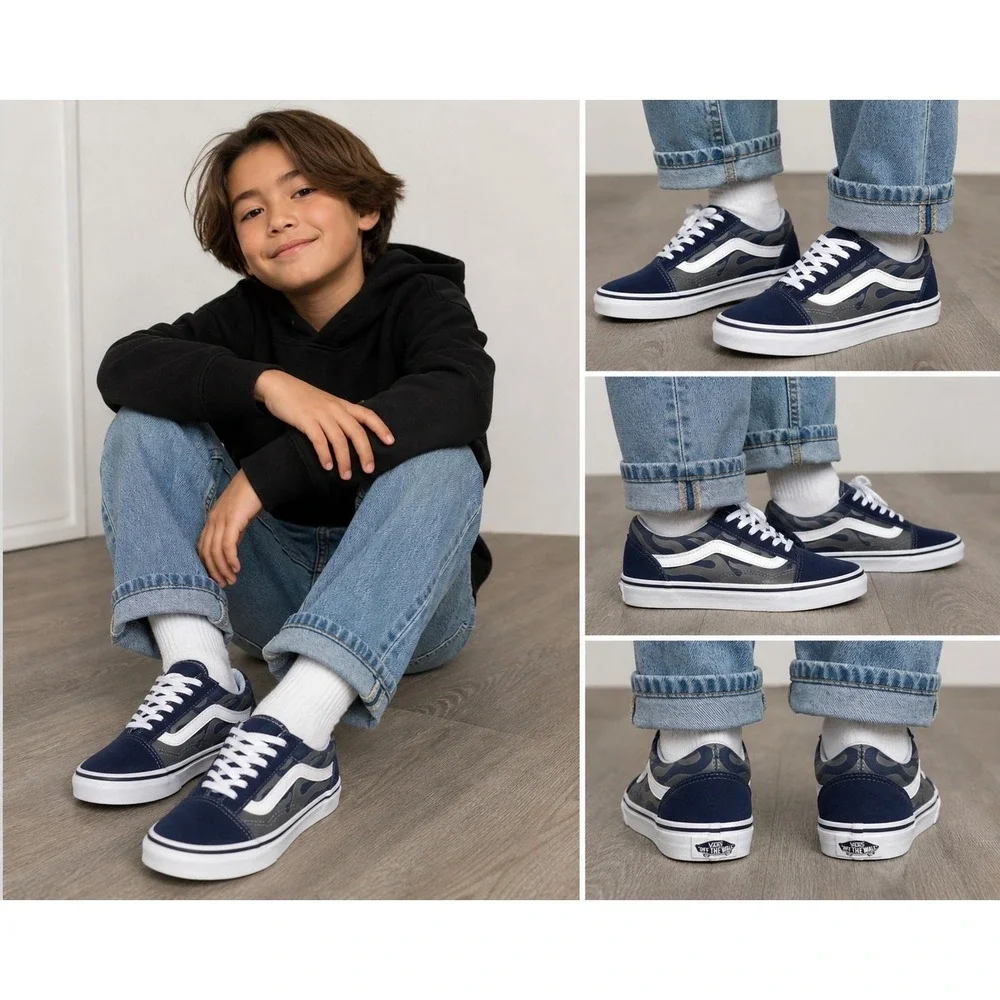 Vans Old Skool Kids 13.5 Navy Blue Flame‎ Sneakers Youth Skate Shoes EU 31